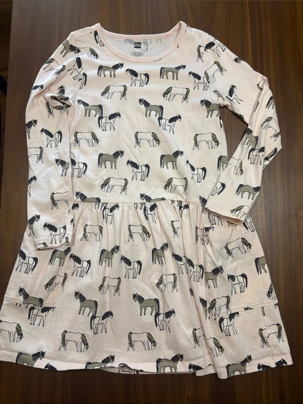 Girls' “tea” Horse Print Long Sleeve Dress - Pink